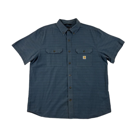 Carhartt Loose Fit Button Down Short Sleeve‎ Blue Striped Shirt Sz XL - Picture 1 of 7